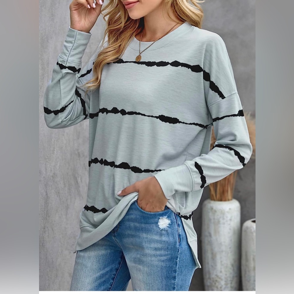 Happy Sailed Women Casual L/S Round CrewNeck Tie Dye Striped Pullover Small Gray